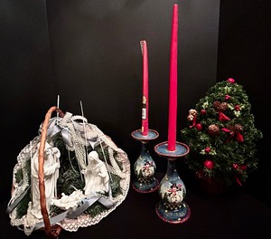 lot 361 image: Vintage Christmas Decor Including Nativity Scene, Candlestick Holders, Light Up Swag Wall Hanging