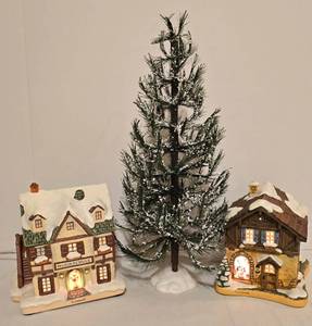 lot 396 image: Wonderful Pair of Lighted Hummel Village Buildings  Faux Tree