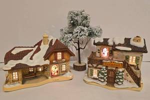 lot 445 image: Pair of Hummel Christmas Village Buildings  Flocked Tree