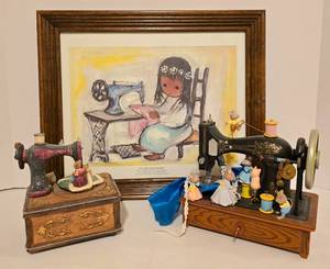lot 447 image: Framed DeGrazia Print  Pair of Sewing Machine Replicas