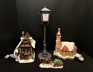 lot 485 image: Two Hummel Houses, Street Light and Horse with Sled