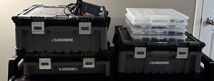 lot 81 image: Three Large Husky Tool Boxes and Four Organization Boxes with Robotic  Engineering Construction Parts and VEX Robotics Smart Charger