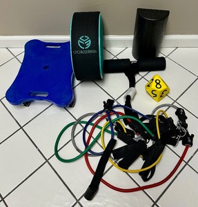lot 85 image: Foam Back Roll, Yoga Wheel, Scooter Board with Contoured Handles, Resistance Bands and More