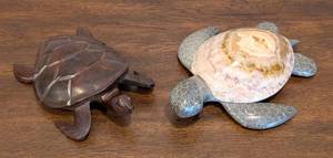 lot 92 image: Carved Wood and Stone Turtle Sculptures