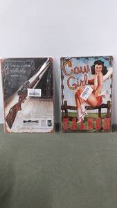 lot 109 image: Vintage Tin Cowgirls Saloon Sign Decor and Weatherby Mark V Rifle Poster