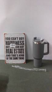 lot 175 image: Valrgo Travel Mug with Straw and Real Estate Wall Art Tin Sign