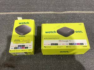 lot 113 image: LOT OF 2 Onn Android TV 4K UHD Streaming Devices with Voice Remote Control & HDMI Cable