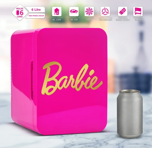 lot 511 image: Barbie Hot Pink 6 Can Mini Fridge Thermoelectric Cooler 4 Litre