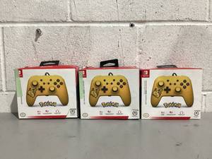 lot 593 image: LOT of 3 PowerA Pokmon Enhanced Wired Controller for Nintendo Switch - Pixel Pikachu