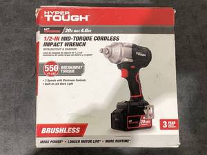 lot 686 image: Hyper Tough 20V Max Brushless 12 Mid-Torque Cordless Impact Wrench with 4.0Ah Lithium-Ion Battery and Charger