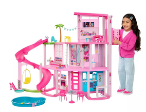 lot 589 image: Barbie Dreamhouse Pool Party Doll House and Playset with 75 Pieces, 3 Story Slide, Pet Elevator
