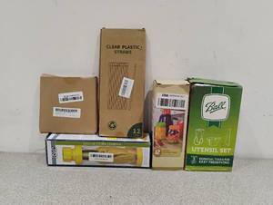 lot 87 image: NEW BUNDLE BALL UTENSIL SET, PLASTIC STORAGE CAPS, RSVP DELUXE CORN STRIPPER, CLEAR PLASTIC STRAWS, FOAM LID LINER