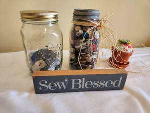 lot 99 image: Vintage Button Jars & Sew Sign
