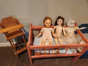 lot 174 image: Vintage Dolls with Crib and High Chair