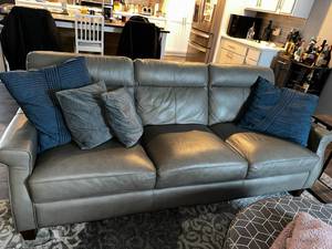 lot 7A image: Grey Leather like Sofa Couch with Cushions