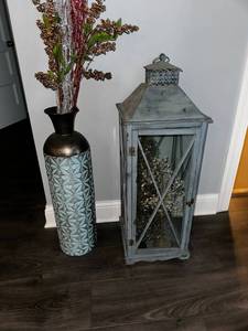 lot 8 image: Decorative Lantern and Geometric Vase - Contents not included