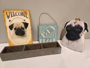 lot 116 image: Pug Decor Set Sign, Pillow, Planter