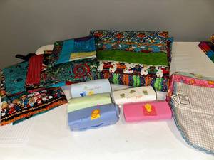 lot 208 image: Vibrant Baby Quilt, Burp Cloths & Baby Onsie Bundle