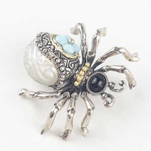 Barbara Bixby Multi-Gemstone Spider Sterling And 18K Yellow Gold Brooch .