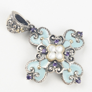 BIXBY -&nbspMulti-gemstone purple &amp teal sterling and 18K yellow gold cross enhancer (no chain) Estimated Replacement value $250