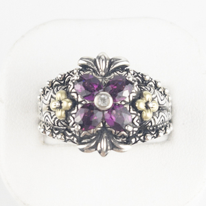Barbara Bixby Rhodolite Garnet Floral Sterling And 18K Yellow Gold Statement Ring Estimated Replacement Value $275. Size 9 - 9.25.