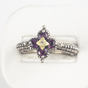 Barbara Bixby Rhodolite Garnet & White Topaz Flowersterling And 18K Yellow Gold Ring Estimated Replacement Value $175. Size 10 - 10.25.