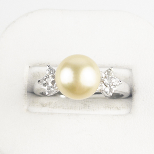 Brand New 9MM Cultured Sunset Golden South Sea Pearl &amp White Topaz Sterling Silver Ring Estimated Replacement Value $400. Size 9 - 9.25.