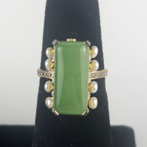 Dyed Green Quartz With Dangling Pearl Vermeil Statement Ring . Size 7 - 7.25.