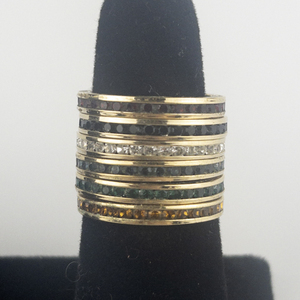 Set of six  Red, Green, Orange, Black, White & Blue Rhinestone Gold Tone Base Metal Eternity Bands. Size 8.25 - 8.5.