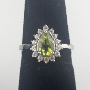 Pear Cut Peridot With CZ Accents Sterling Silver Ring. Size 7 - 7.25.