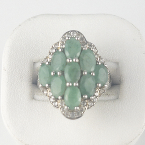 Emerald & CZ Cluster Sterling Silver Statement Ring . Size 6.75 - 7.