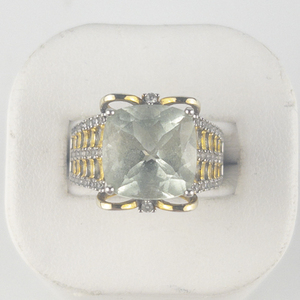 Green Quartz Two-Tone Sterling Silver Ring. Size 6.75 - 7.