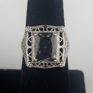 Filigree Mystic Topaz Sterling Silver Statement Ring . Size 8.5 - 8.75.