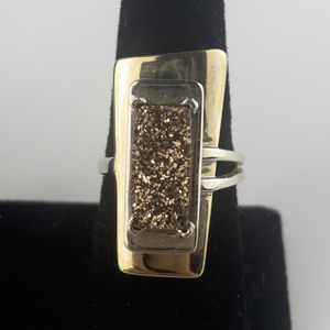 RLM Studio (Robert Lee Morris) Brown Drusy Tablet Sterling Silver & Brass Statement Ring Estimated Replacement Value $225. Size 10 - 10.25.