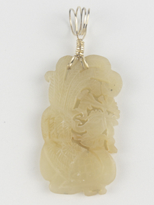 Ruyi Carved Floral Peacock jade gold filled wire wrapped pendant (no chain)