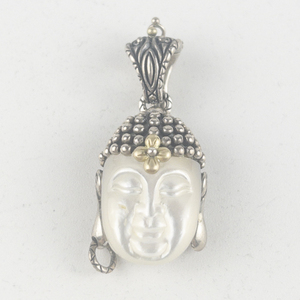 BIXBY -&nbspCarved Mother of pearl Buddha Head sterling and 18K yellow gold enhancer (no chain) Estimated Replacement value $225