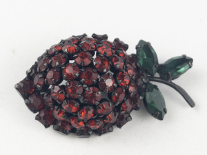 Joseh Warner Red & Green Rhinestone Strawberry Black Base Metal Brooch .