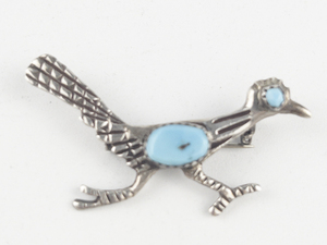 Unmarked (Navajo) Turquoise Roadrunner Sterling Silver Brooch .