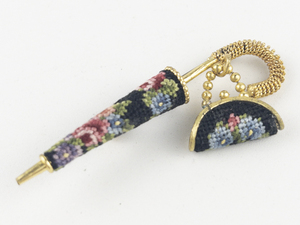 Umbrella & Purse Needle Point Yellow Base Metal Brooch .