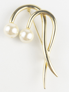 Simulated Pearl Double Hook Yellow Base Metal Brooch .
