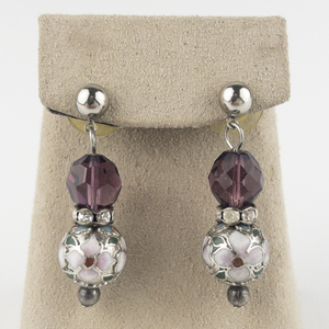 Cloisonne Enamel Silver Tone Base Metal Bead Dangle Earrings.