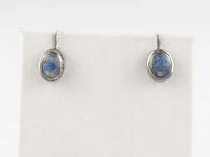 Blue Oval Cabochon Stone Silver Tone Base Metal Stud Earrings .