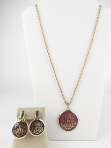 Set of two  Red Enamel Gold Tone Base Metal Screw-Back Non-Pierced Earrings & Pendant Necklace.