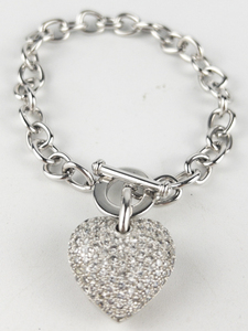 Ross Simons  CZ Heart Puff Silver Tone Base Metal Charm Bracelet.