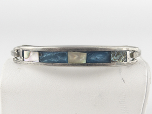 Blue, White & Abalone Shell Silver Tone Base Metal Hinged Bangle.