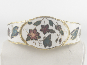 Red, Green, & White Cloisonne Floral Butterfly Gold Tone Base Metal Hinged Bangle.