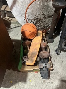 lot 29 image: Basket Ball Hoop  Hand Weights & Skate Boards