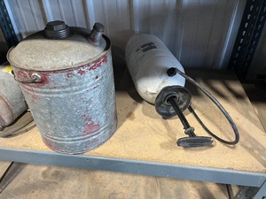 lot 48 image: Metal Gas Can  Sprayer and old extinguisher