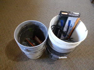 Five 5 Gallon Buckets with Garage Items