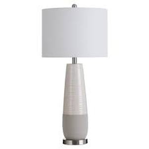 lot 15 image: Set of 2 EVIAN IVORY  15in w X 31in ht X 15in d  Slightly Tapered Two Tone Round Ceramic Lamp